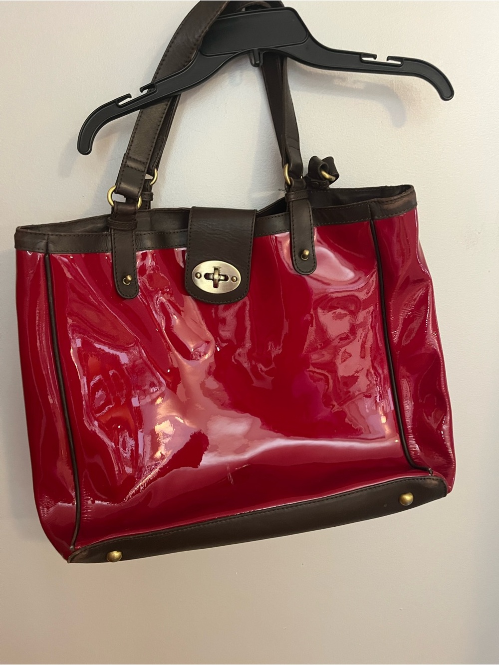 Boden Red Patent Satchel with Brown Trim and Handles.